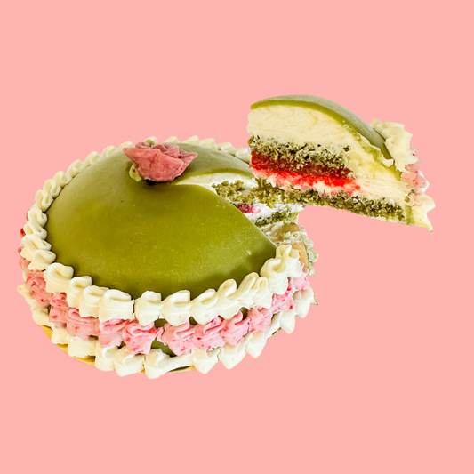 Princess Matcha Cake, raspberry and mascarpone