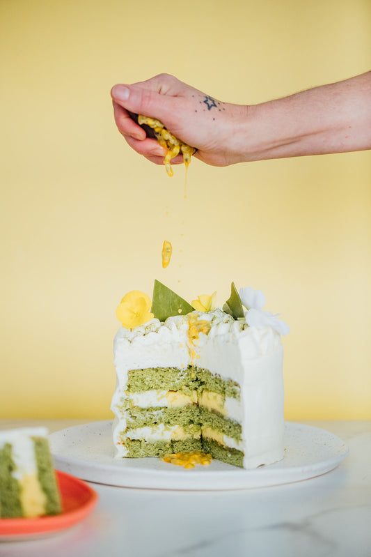 Gâteau monté matcha et fruit de la passion