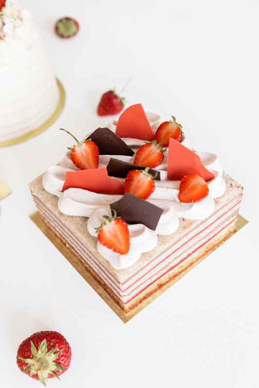 Vegan buckwheat entremet with strawberry and hazelnut